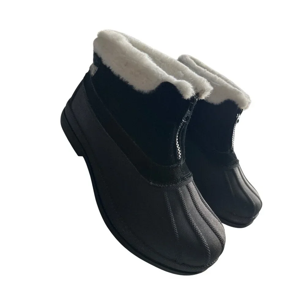 Propet Black Waterproof Boots Ankle Top Zip Black Suede Faux Fur Lining Size 8